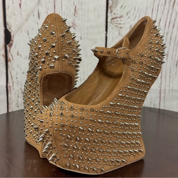 JEFFREY CAMPBELL NIGHT WALK PRICKLY Studded Tan Suede heelless Platforms 6 New - Picture 16 of 17